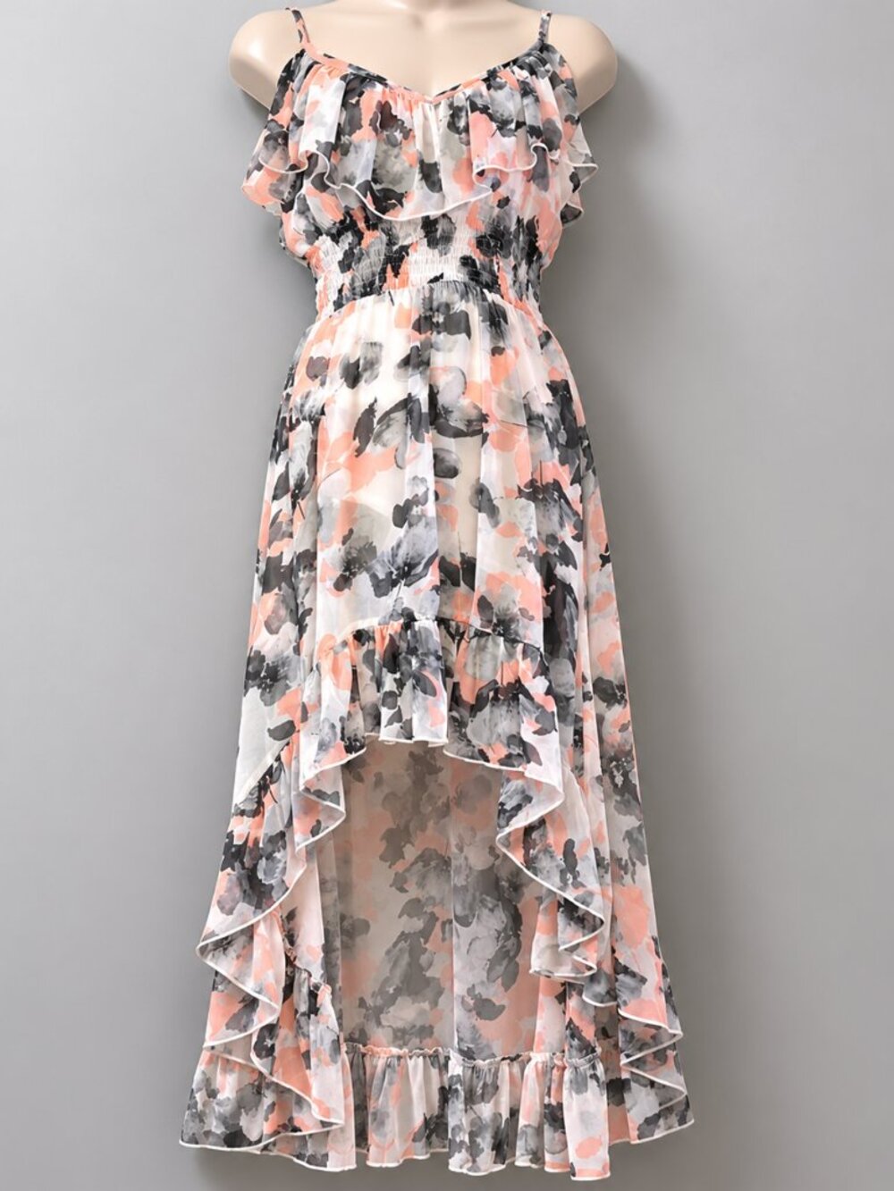 Floral Garden Dress High Low Ruffle Fairy Smocked  Pink Gray w Train HeartSoul S